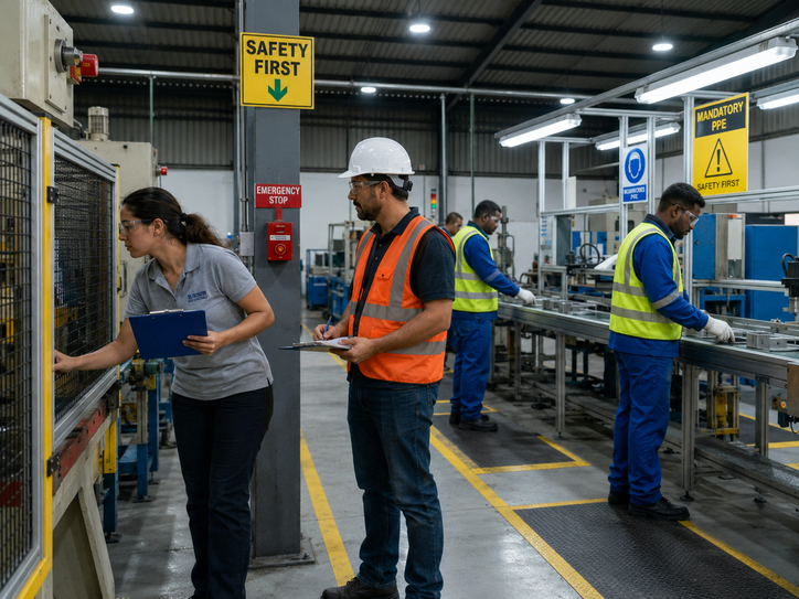 Factory workers and verifier during production line inspection