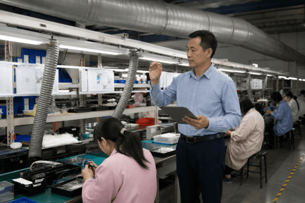 Factory supervisor and assembly workers during capability review