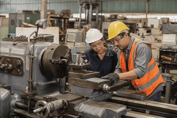 Machine shop workers and equipment context during factory pre-audit