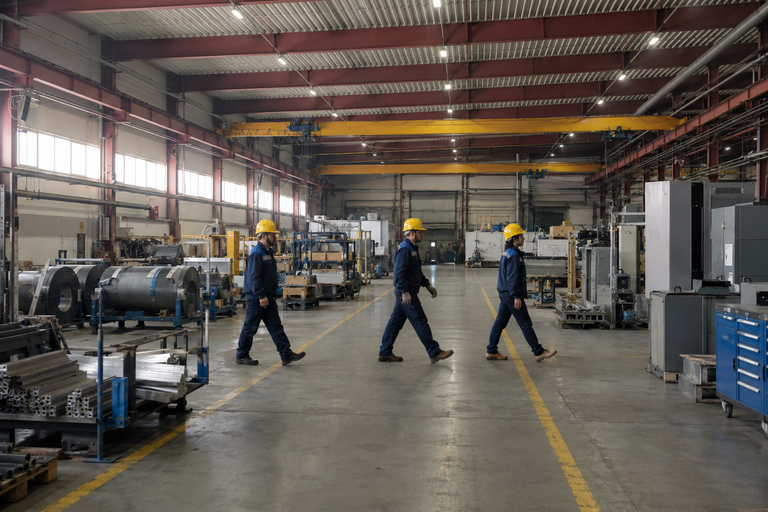 Local verifiers walking through industrial factory site